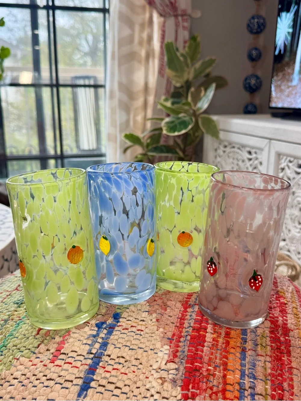 🍊🍊🍊Anthropologie Fruit Lacey Highball Glass‎ Tumbler Cup in green & oranges